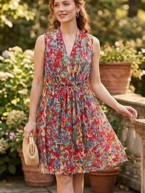 Marc New York by Andrew Marc Abstract Watercolor Fit & Flare Chiffon Dress Party